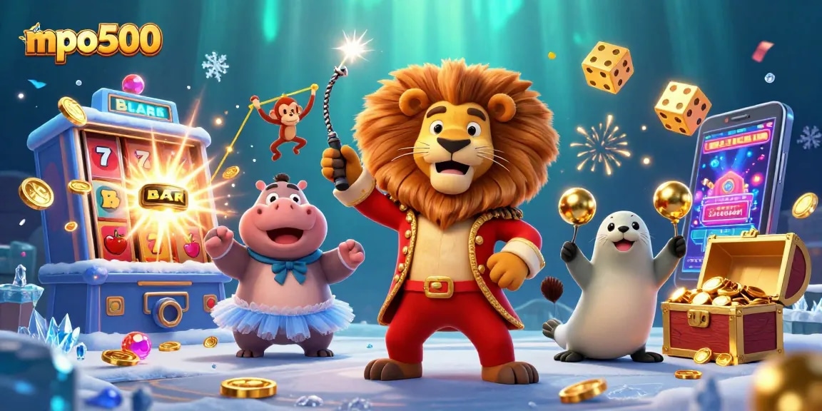 Experience thrilling wins at mpo500 with animated casino fun featuring a lion, hippo, monkey, and seal.