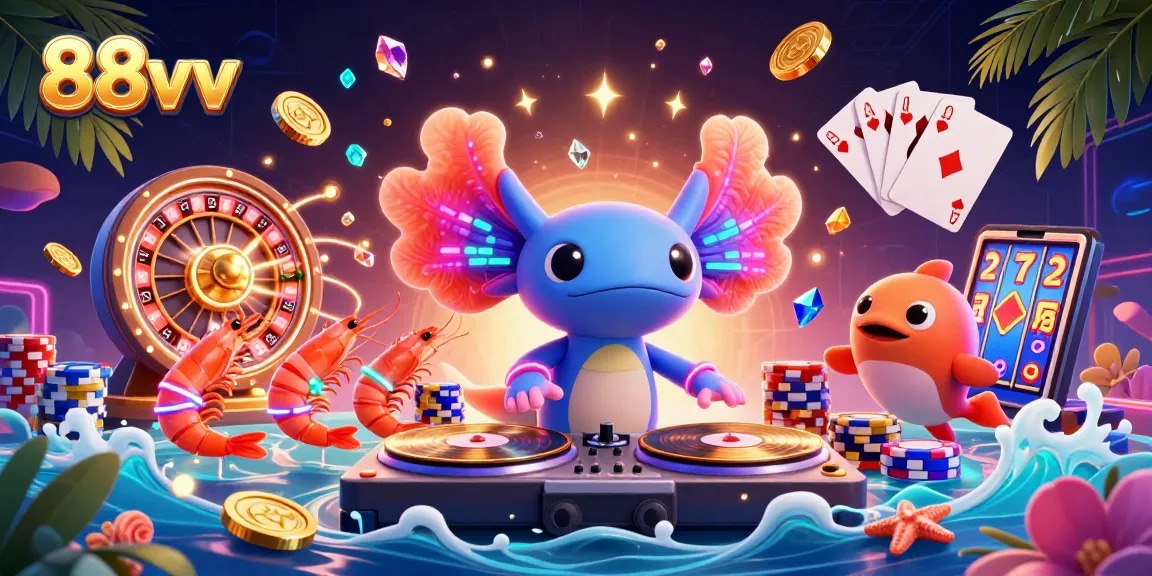 Experience thrilling wins with 88vv in this vibrant underwater casino scene featuring neon characters.