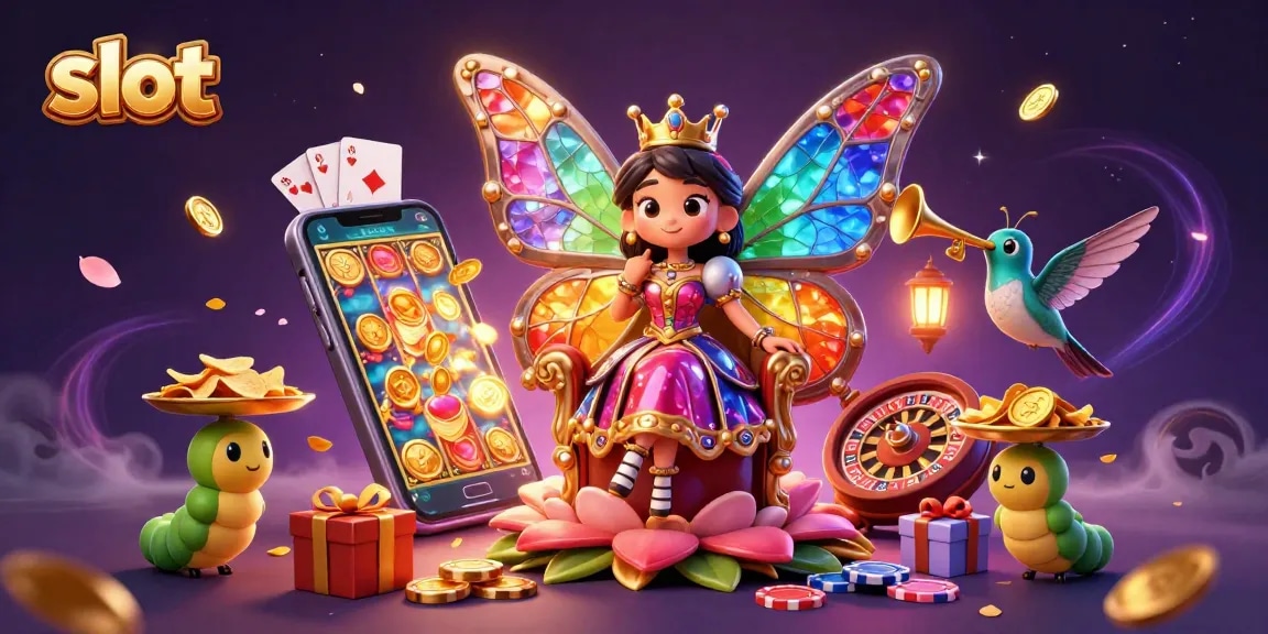 Spin the slot game to win big with a vibrant, colorful scene featuring a butterfly queen and casino elements.
