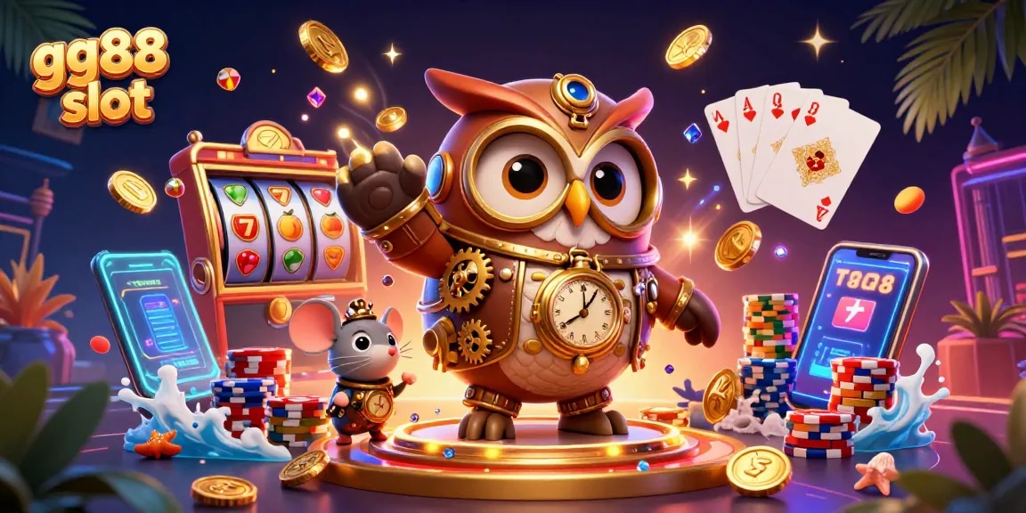 Experience the vibrant excitement of gg88 slot with a dynamic 3D casino illustration filled with treasures and lucky symbols.