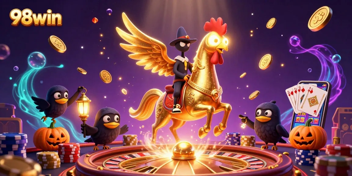 Spin to win at 98win with a vibrant casino adventure featuring golden treasures and magical characters.