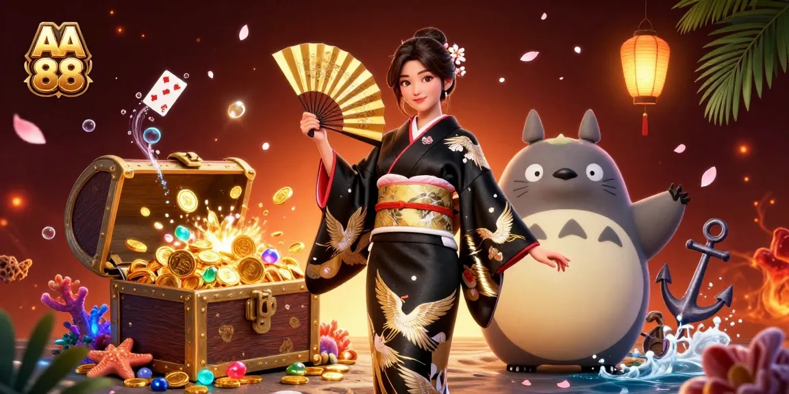 Immerse in the vibrant AA 88 casino world with an engaging scene featuring a woman and a tanuki.