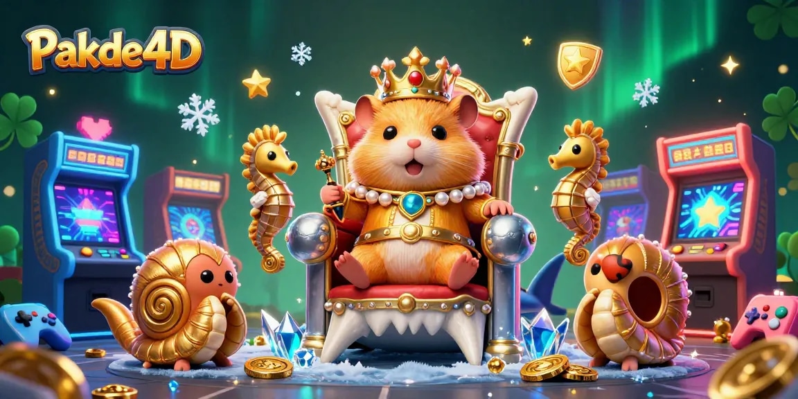 Pakde4D features a golden hamster king in a vibrant, fast-paced casino scene with retro arcade games.