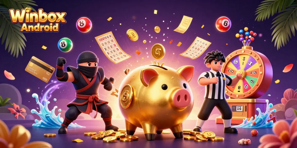 Winbox Android app features a dynamic scene with vibrant characters and gambling elements, showcasing mobile gaming excitement.