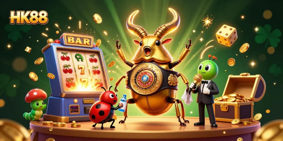 HK88 slot machine explosion with golden beetle boxing champion and ladybug corner-man in vibrant casino scene.