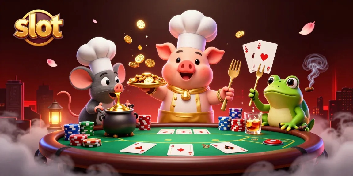 Slot menarik dengan karakter chef, tikus, dan katak di kasino, menjelajahi permainan jackpot.