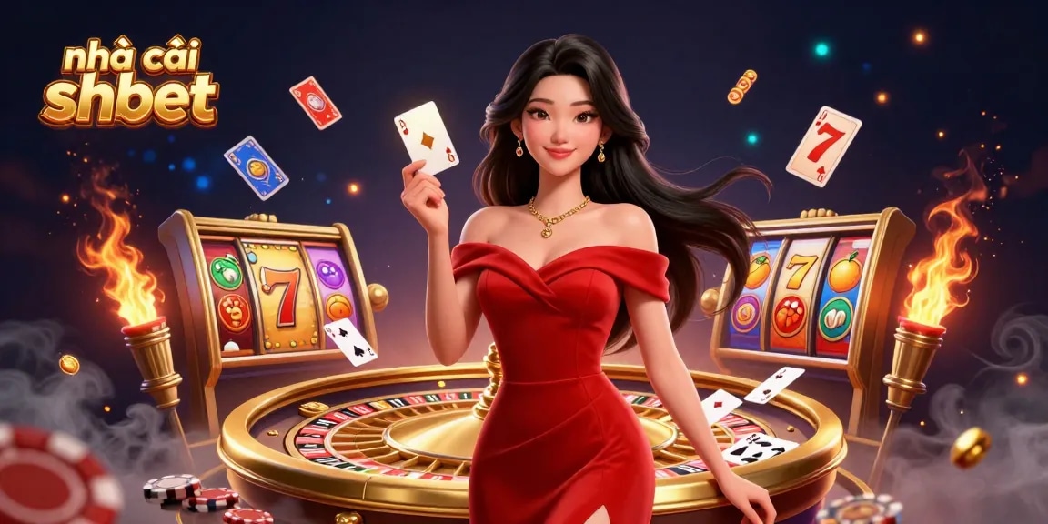 Experience the thrill of nhà cái shbet with a glamorous illustration of a beautiful dealer presenting a winning hand.