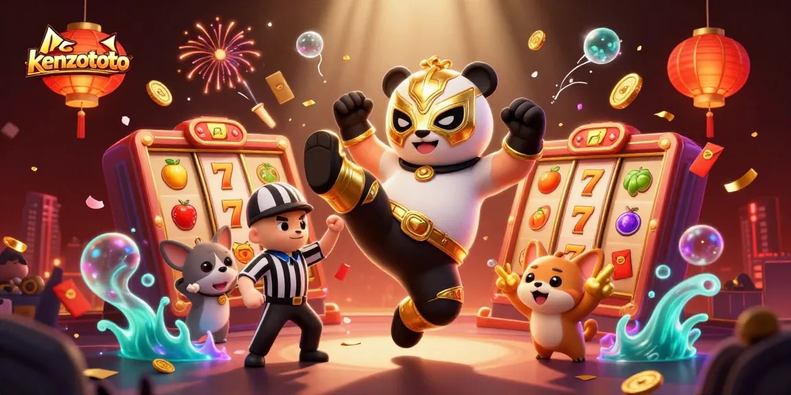 Kenzototo showcases a vibrant scene with a panda wrestler kicking in a lively casino atmosphere filled with slot elements and cheering animals.