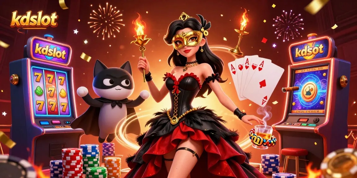 Join the action at kdslot with a glamorous 3D casino scene featuring vibrant slot reels and dynamic characters.