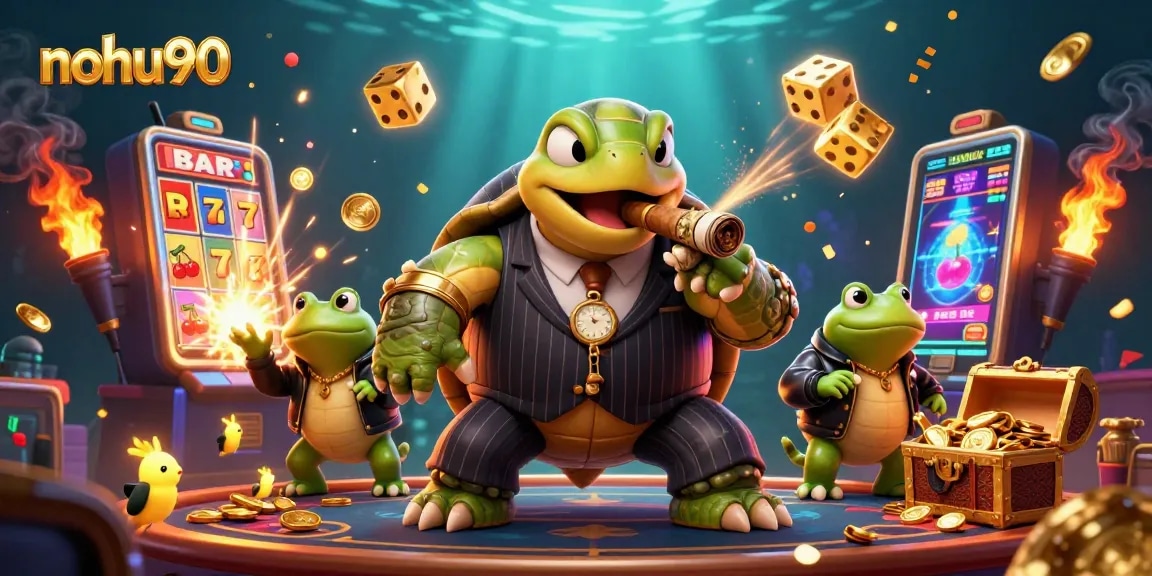 Nohu90 showcases an exciting scene with a snapping turtle and bullfrog enforcers celebrating a casino jackpot.