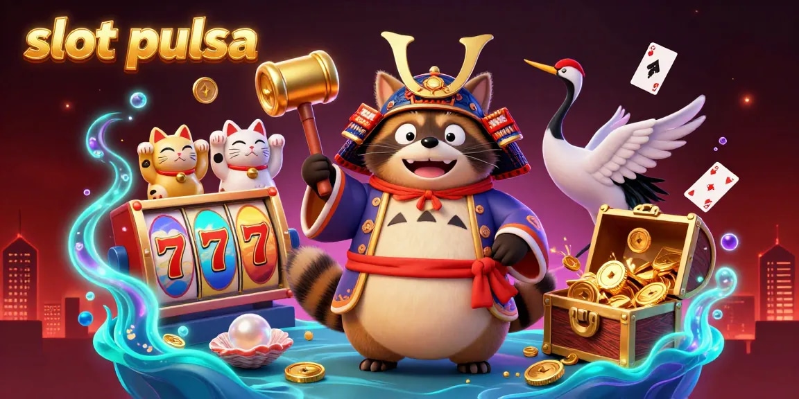 Experience vibrant slot pulsa action with cheerful tanuki and lucky symbols in this dynamic casino scene.