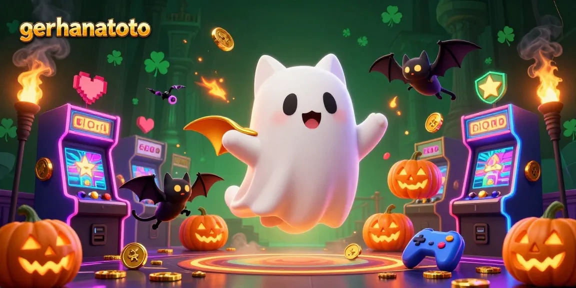 Menggali kesenangan di gerhanatoto dengan kucing hantu dan ikon mesin slot mengelilingi suasana kasino yang megah.