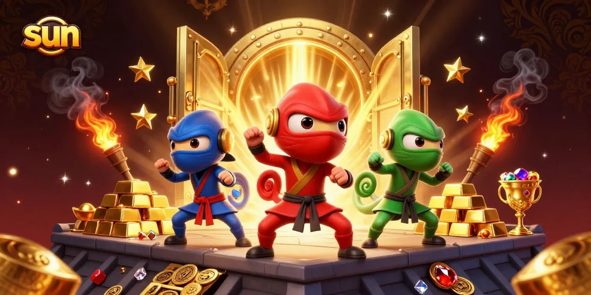Experience the thrill of casino wins with the sun theme in this vibrant 3D illustration featuring ninja chameleons.