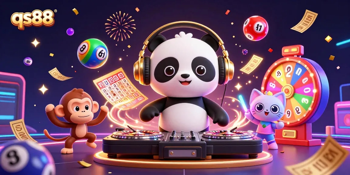 Engage with qs88 in a vibrant casino scene featuring a DJ panda, breakdancing monkey, and glow-stick kitten.