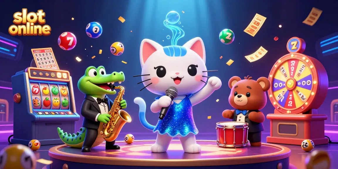 Spin and win big with our vibrant slot online scene featuring jazz-singer cat and casino magic