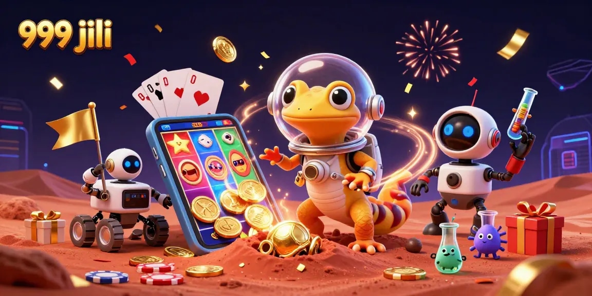 Engage with the exciting features of 999 jili, showcasing a Martian gecko at a golden casino.