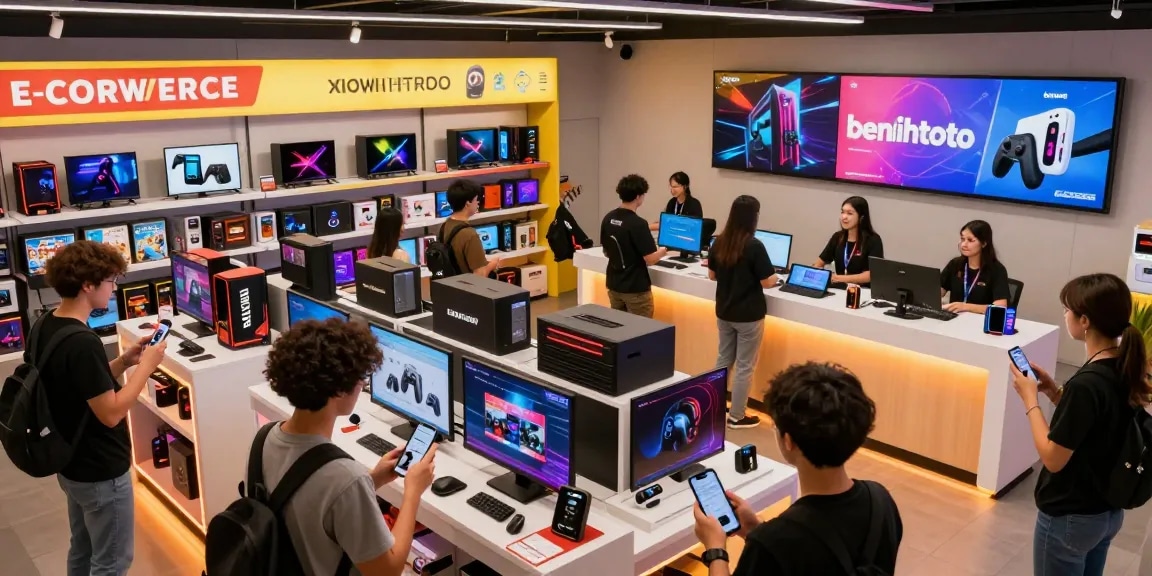 Online gaming retail scene with diverse customers exploring benihtoto products and promotions.