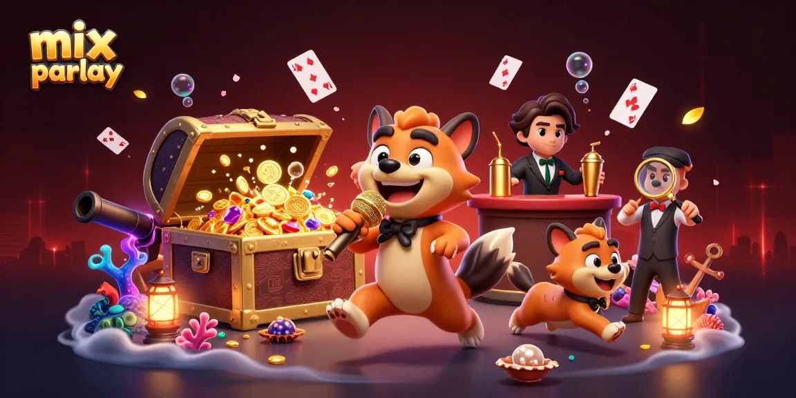 Menghadirkan mix parlay dalam ilustrasi kasino lucu dengan kartun hyena, harta karun dan kartu bermain.