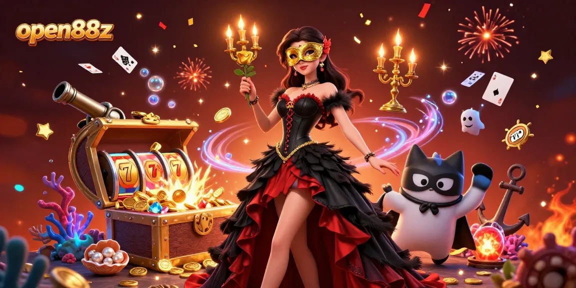 Win big at open88z in a captivating casino scene featuring stunning characters and vibrant game elements.