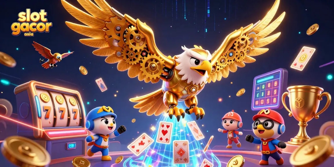 Menangkan slot gacor asia dengan ilustrasi elang dan elemen kasino yang memukau.