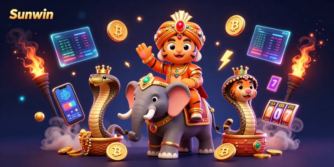 Experience vibrant Sunwin gaming action with a cartoon Indian maharaja and an elephant surrounded by slot machines and crypto elements.