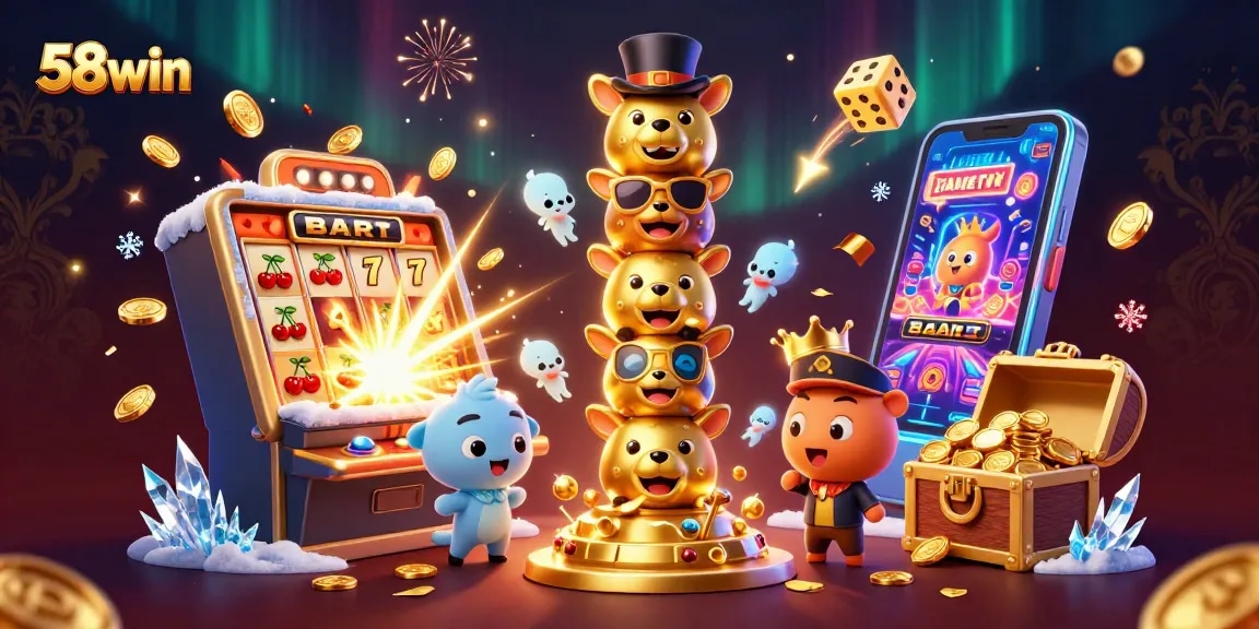 Spin and win with 58win's vibrant casino elements, featuring detailed slot machines and dynamic gameplay.
