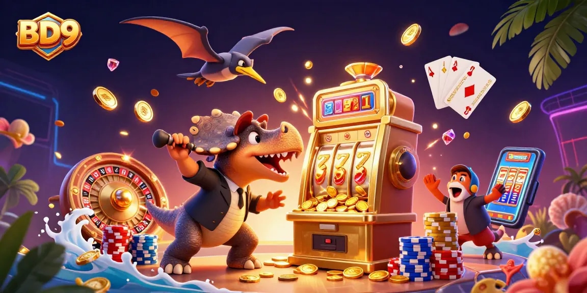 Experience thrilling wins at BD9 with a pachycephalosaurus hitting a golden slot machine for jackpot coins.