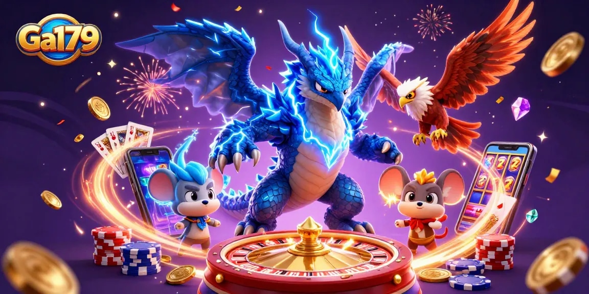 Engaging Ga179 gaming scene with flying coins, a thunder dragon, and vibrant casino elements.