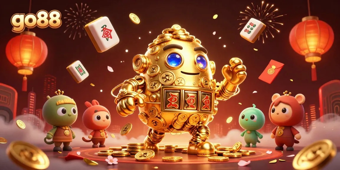 Experience go88's dynamic gaming with a golden golem and casino treasures.
