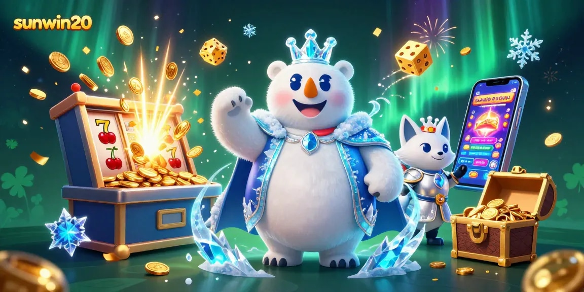 Win big with sunwin20 in a vibrant casino scene featuring characters and slot machines.
