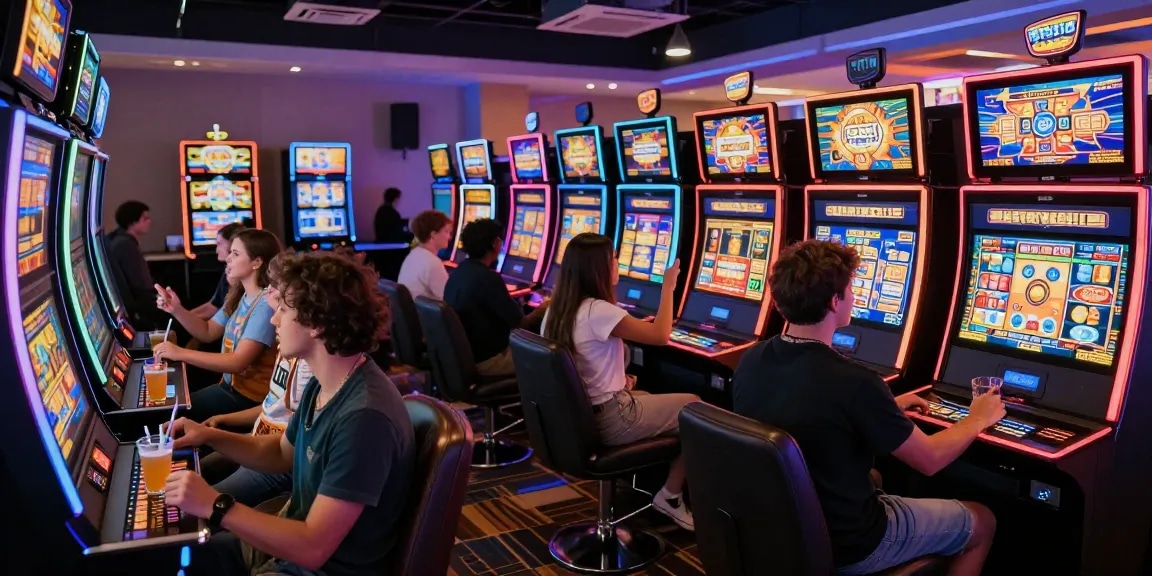 Pengalaman bermain slot88 bersama teman di lounge modern dengan mesin slot yang cerah