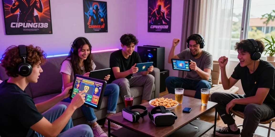 Suasana permainan slot online di CIPUNG138 bersama teman-teman dengan pencahayaan LED yang cerah.