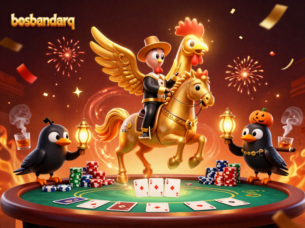 Play exciting card games at bosbandarq, featuring vibrant casino characters amidst colorful poker excitement.