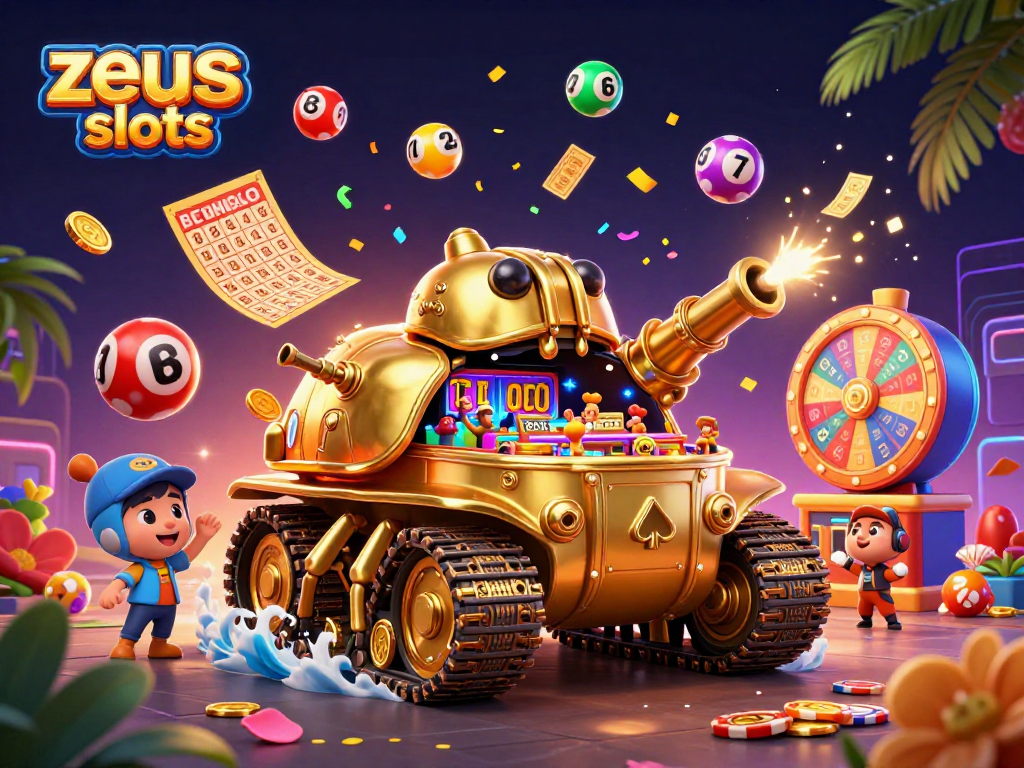 Experience the excitement of zeus slots with a vibrant, animated casino scene filled with dynamic gaming elements.