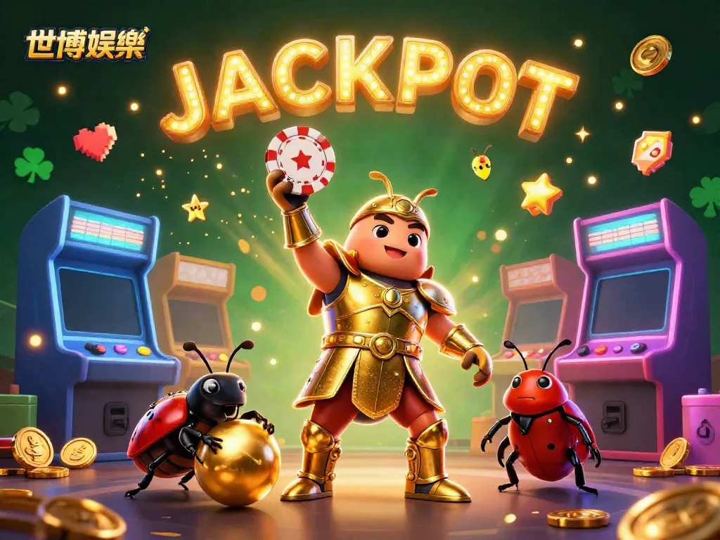 世博娛樂中的3D甲蟲在勝利姿勢中舉起撲克籌碼，生動的賭場場景充滿金色閃光粒子。