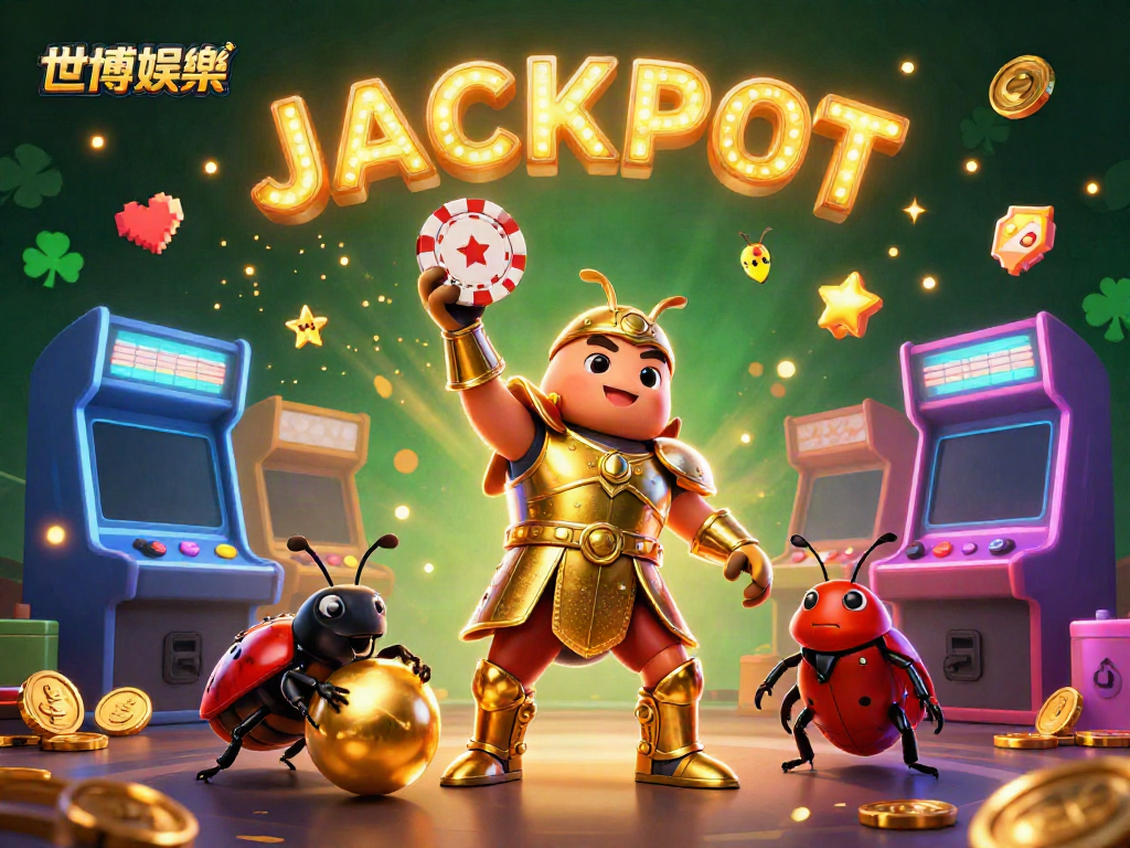 世博娛樂中的3D甲蟲在勝利姿勢中舉起撲克籌碼，生動的賭場場景充滿金色閃光粒子。