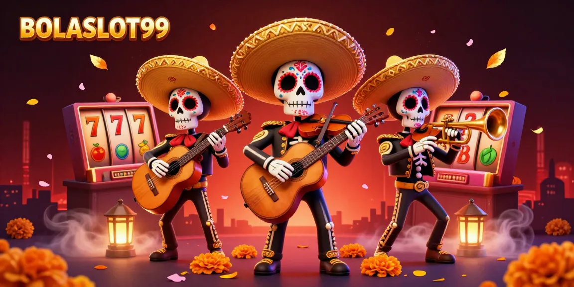 Experience the excitement of BOLASLOT99 with vibrant 3D mariachi band and slot game visuals.