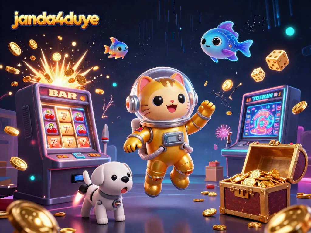 Gambarkan momen jackpot di janda4duye dengan kucing astronot dan anjing robot dalam suasana luar angkasa.