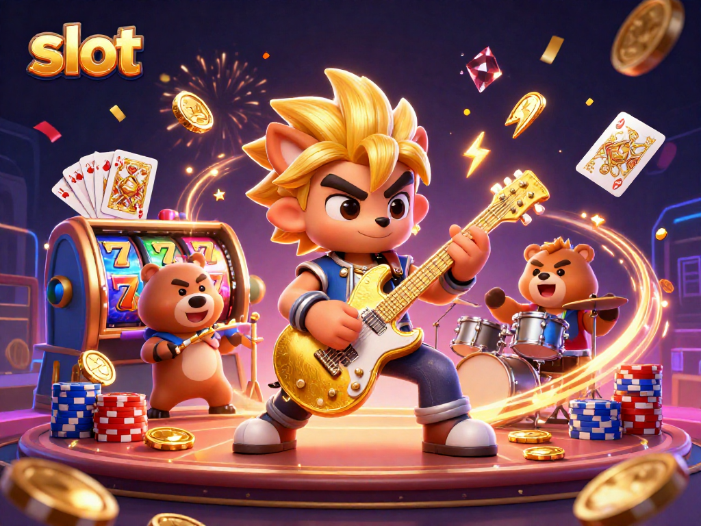 Spin the slot reels and win big in this vibrant casino scene with golden coins and playful characters.