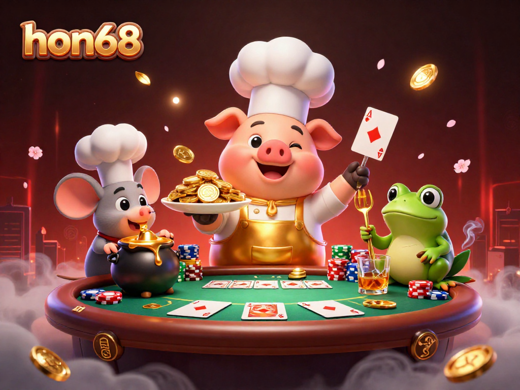 Engage in thrilling gameplay at hon68 with a vibrant casino scene featuring chefs and gold coins.