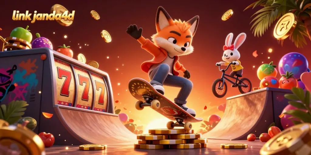 Ilustrasi kasino 3D yang memperlihatkan link janda4d dengan simbol permainan dan detail yang kaya.