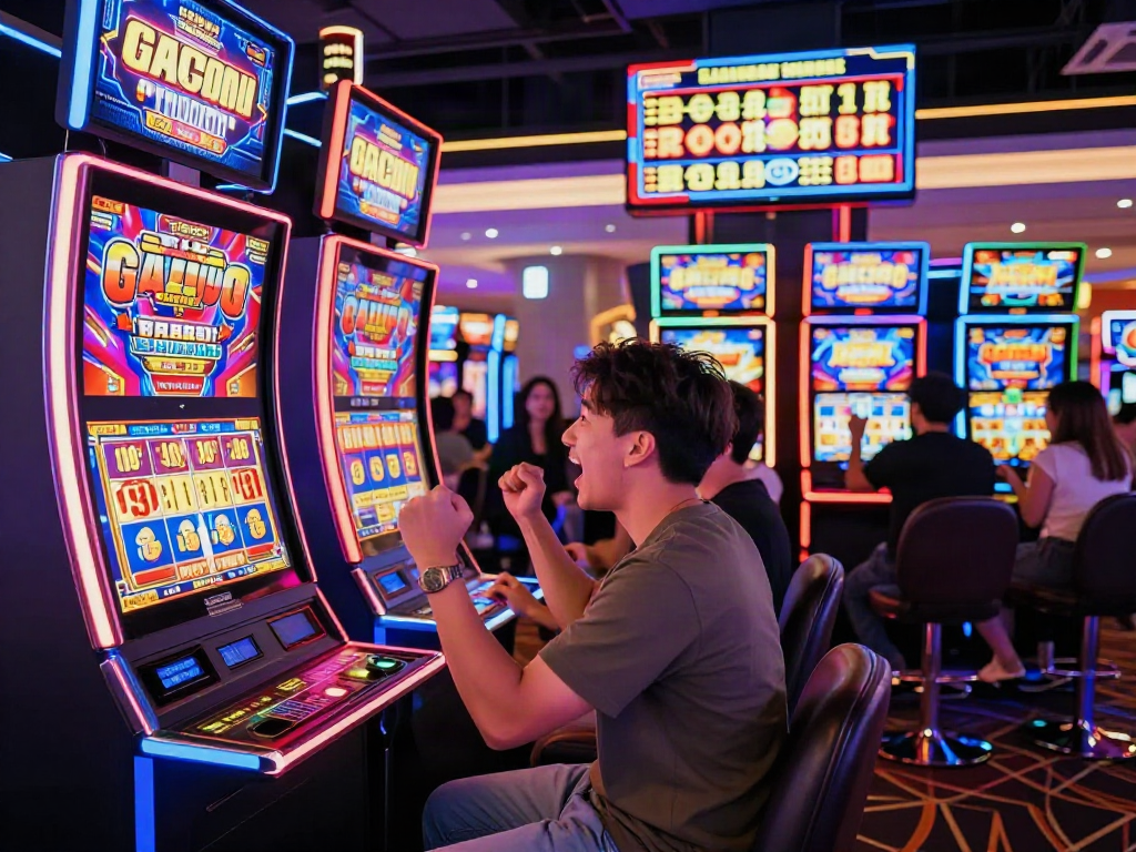 Player celebrating a slot gacor win in a modern casino environment filled with vibrant lights and excitement.