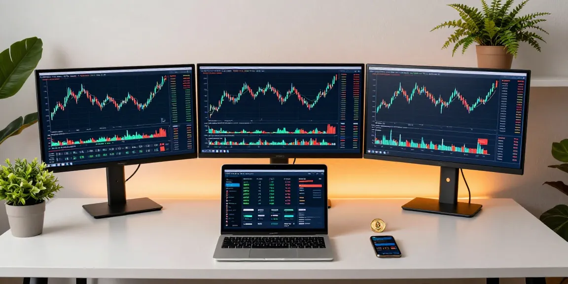 Play exchange platform on multiple monitors showcasing cryptocurrency trading and DeFi analytics in a professional workspace.