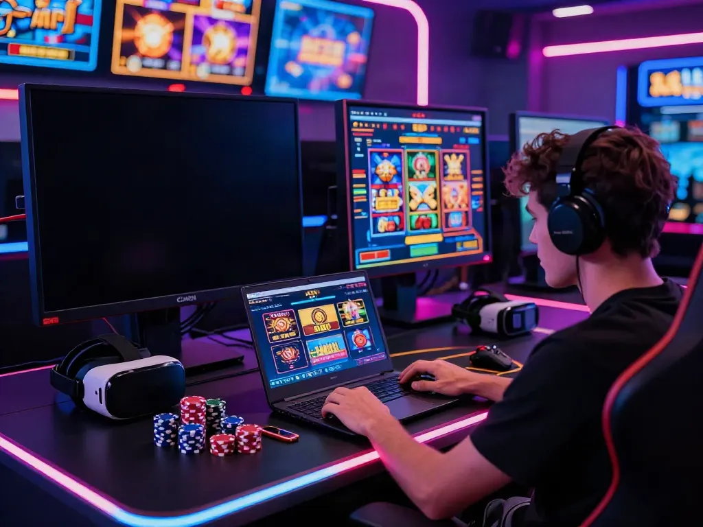 Engaging scene of a gamer using the A80 slot information platform on a laptop, surrounded by gaming chips and colorful graphics.