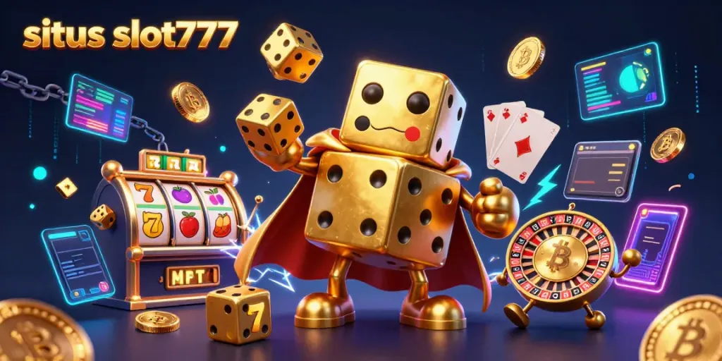 Experience the excitement of situs slot777 with golden dice characters and slot game elements.