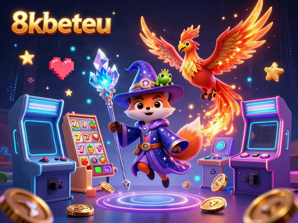 Experience thrilling gameplay with 8kbeteu in this vibrant 3D casino scene featuring a wizard fox, phoenix, and dynamic gaming elements.