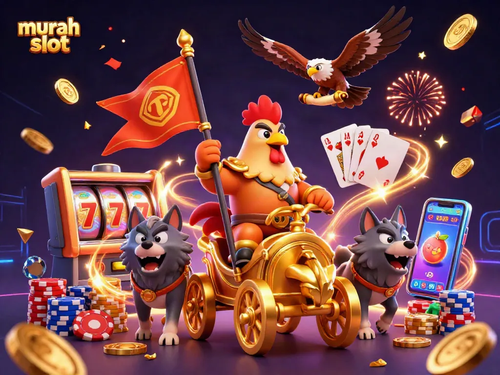 Menggandakan peluang menang dengan slot murah di kasino online, reel slot dan koin emas berkilau di sekitar.