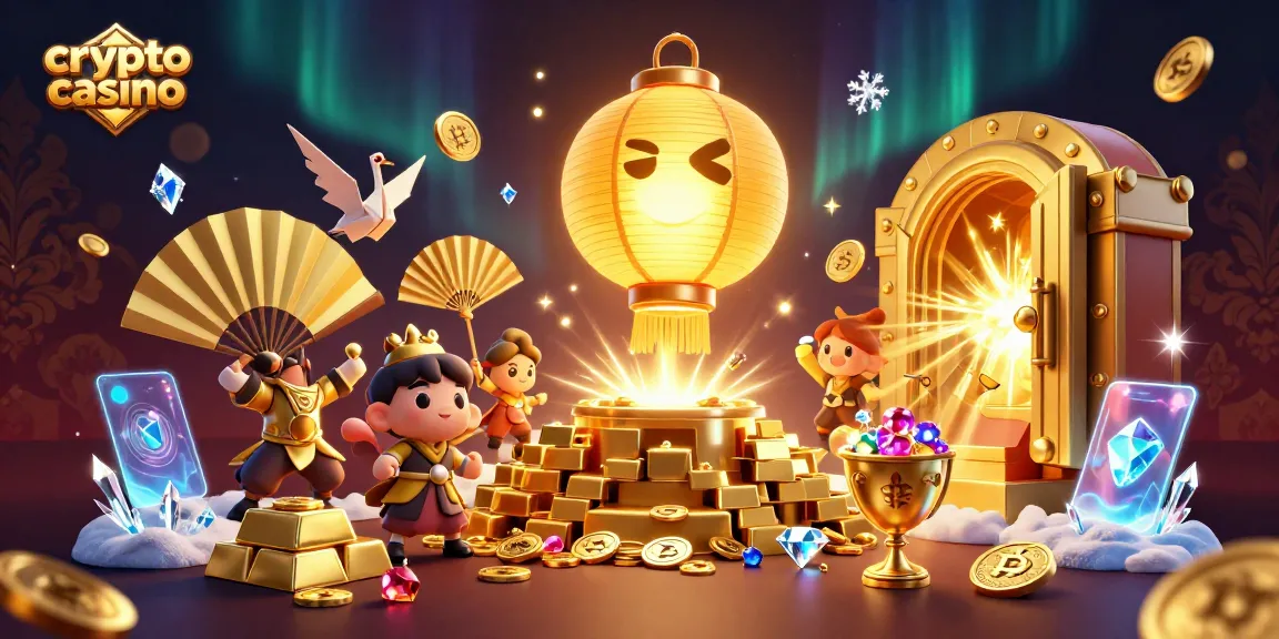 Experience excitement at a crypto casino featuring golden lanterns and treasure elements.