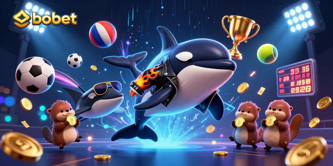 Bet big with sbobet, featuring an orca in a jacket, sports balls, and sea otters with coins in a vibrant scene.