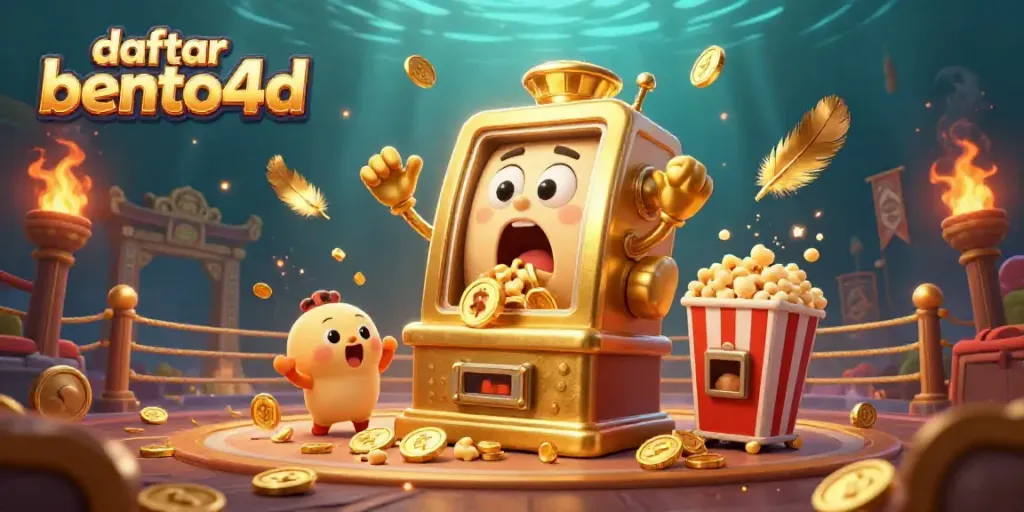 Engage with the thrilling world of daftar bento4d as the golden slot machine celebrates a jackpot amidst swirling golden energy.